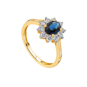 Sortija oro amarillo, zafiro y diamantes