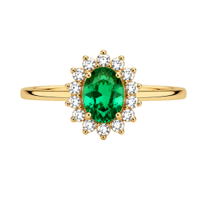 Sortija oro amarillo, esmeralda y diamantes