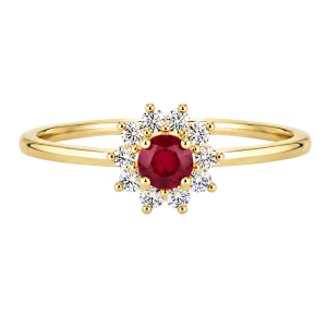 Sortija oro amarillo, rubí y diamantes